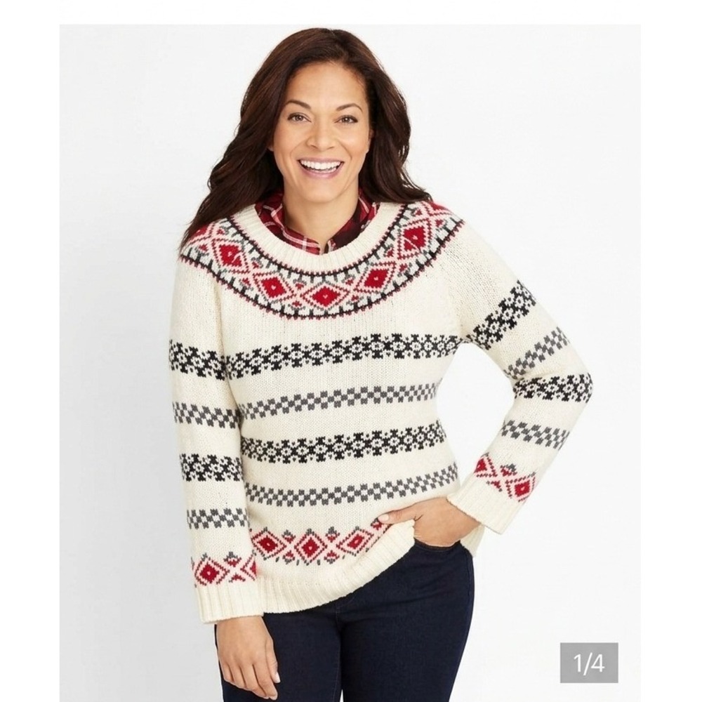 Talbots Fair Isle Sweater PM Ivory Red Black Wool Blend Nordic Cabincore NWT